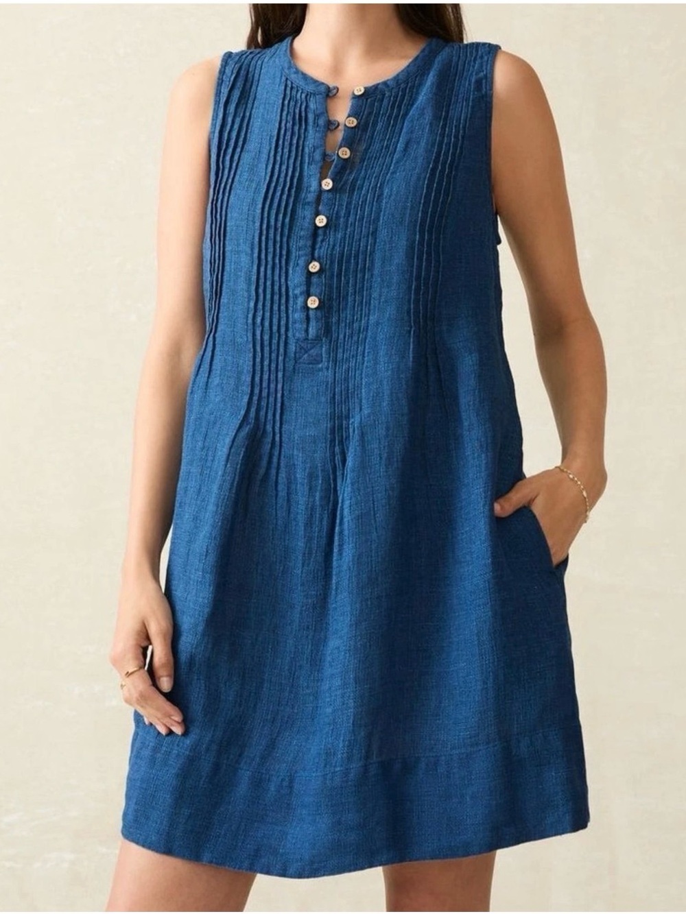 Faherty 100% Linen Isha Sleeveless Basketweave Dress Indigo Blue Small
